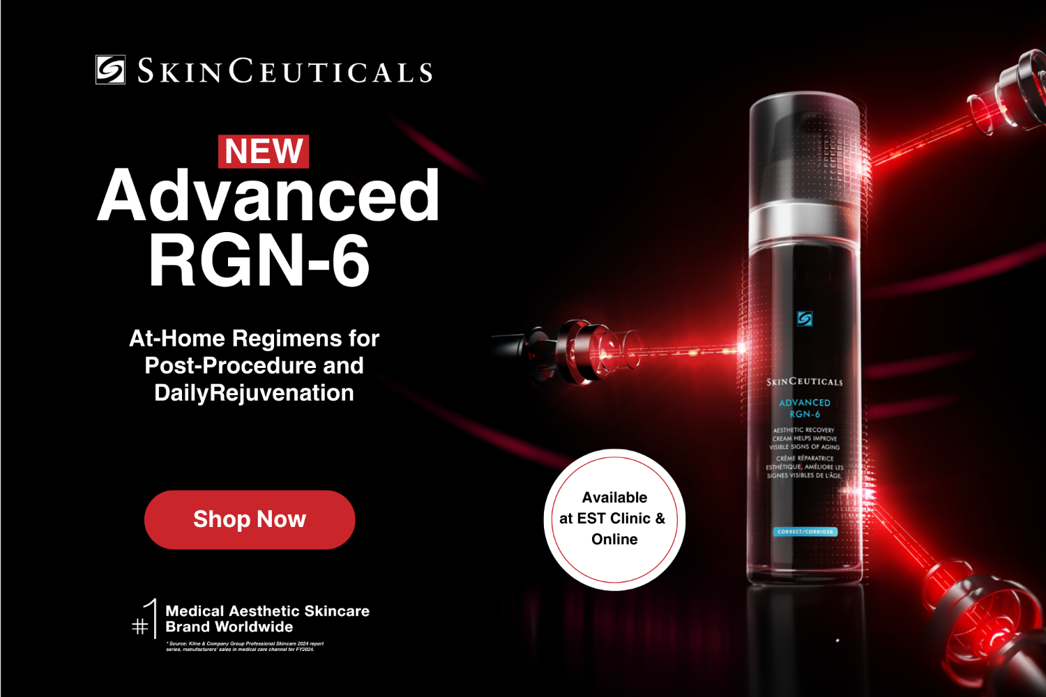SkinCeuticals Advanced RGN-6 skincare product with promotional text on a dark background
