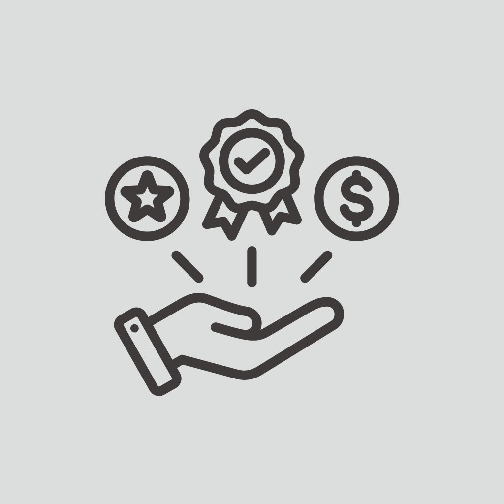 Icon of a hand holding three symbols: a star, a checkmark, and a dollar sign on a gray background.