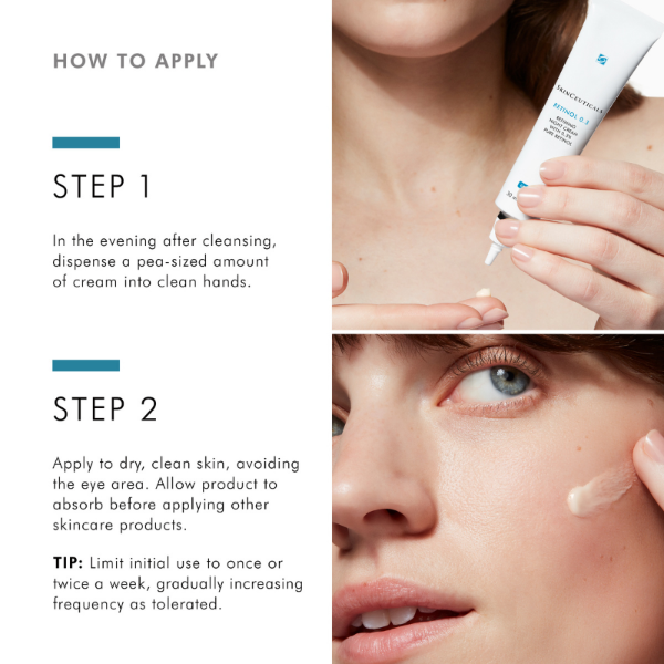 Instructions on how to apply a skincare product with close-up shots of application.