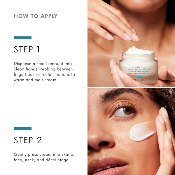 Instructions on how to apply cream with close-up of cream jar and application on face.