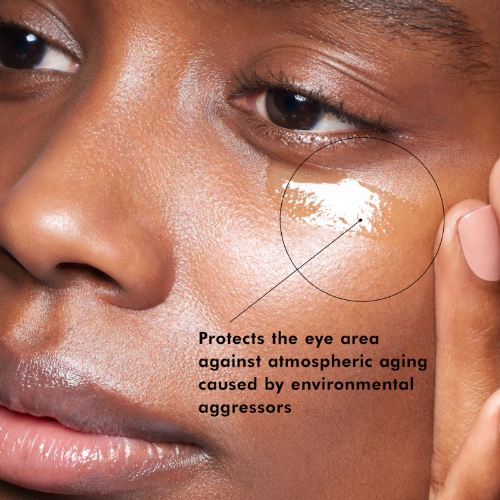 Close-up of a person's eye with text highlighting eye area protection against aging.