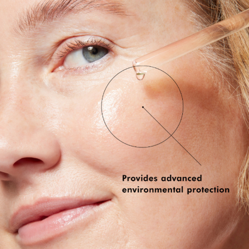 Close-up of a person's face with a focus on the skin, labeled 'Provides advanced environmental protection'.