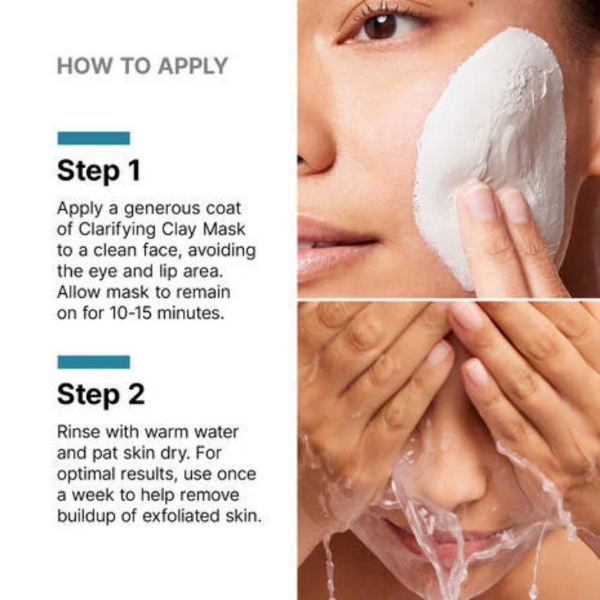 Instructions on applying a clarifying clay mask with text and images of a person using the mask.