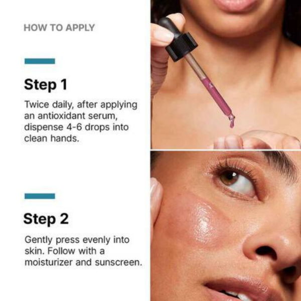 Instructions on how to apply a product with close-up shots of a woman's face and dropper.