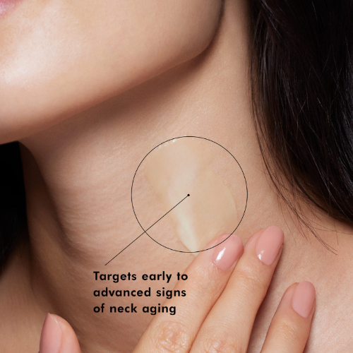 Close-up of a neck with text indicating targeting neck aging signs.