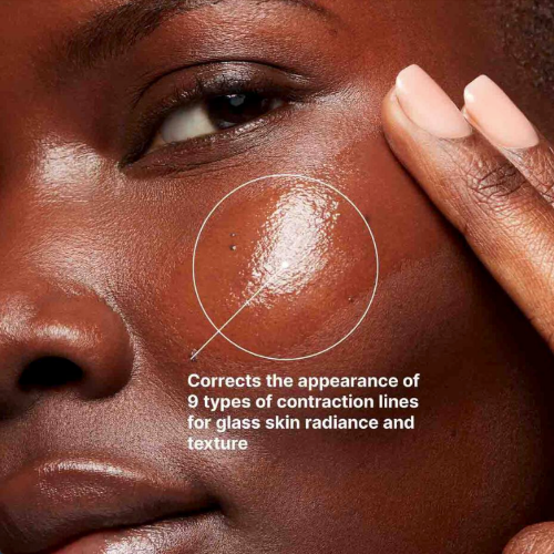 Close-up of a person's face with a hand pointing to skin texture, labeled 'Corrects the appearance of 9 types of contraction lines for glass skin radiance and texture'.