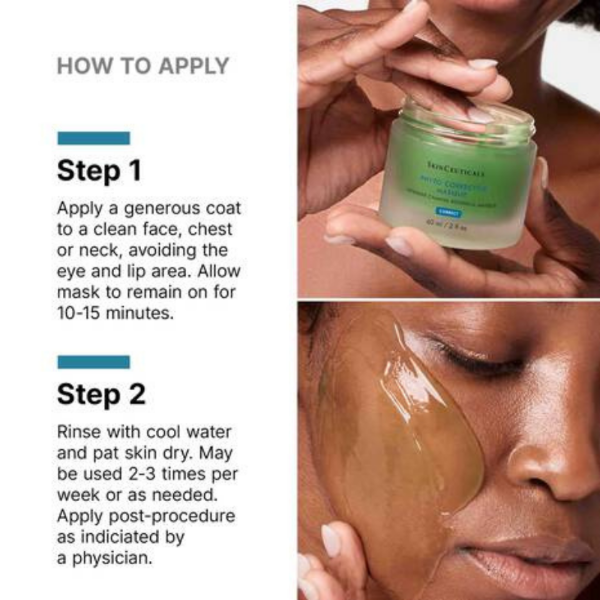 Instructions on how to apply a skincare mask with text and images of a person applying the mask.