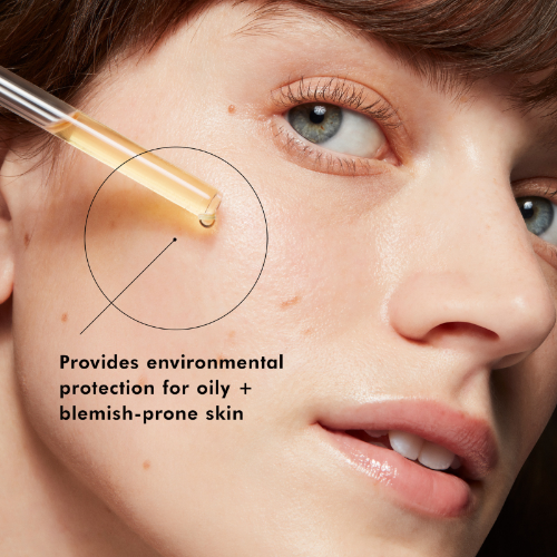 Close-up of a person applying a skincare product to their face with text about skin protection.